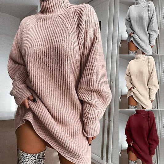 Solid Turtleneck Long Sweater Winter Warm Sweater Dress