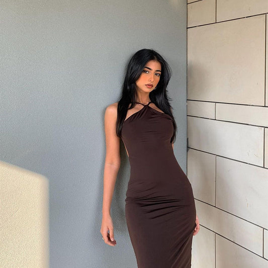 Solid Color Halter Sleeveless Long Dress