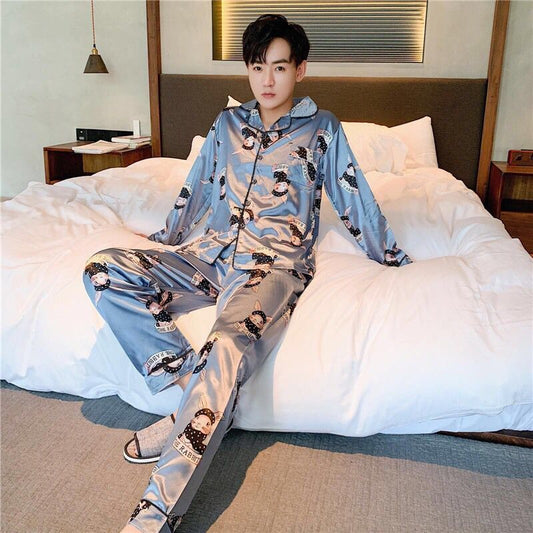 Ice Silk Thin Men's Long-sleeved Pajama Suit