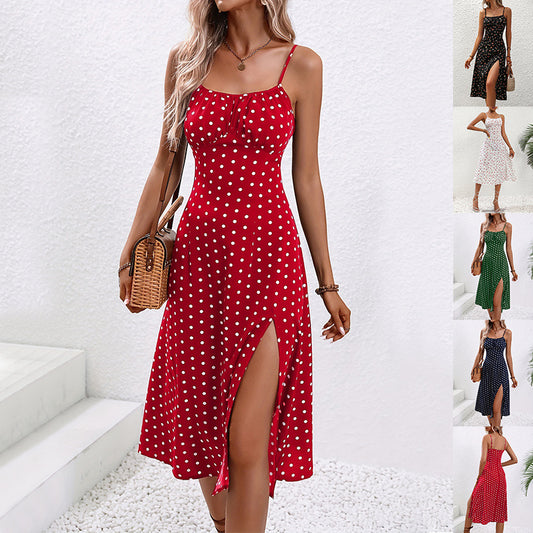 New Polka Dot Print Suspender Dress Summer Sexy Slit Long Dresses
