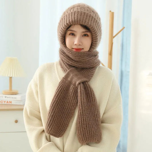 Women's Fleece-lined Scarf And Hat Winter Warm Knitted Hat Scarf