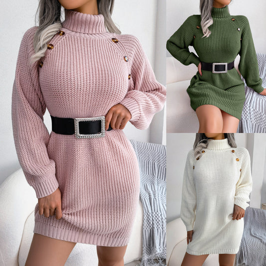 Winter Turtleneck Long Sweater Dress With Button Design