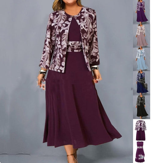Sleeveless Dress Printed Short Coat Fashion Casual Set